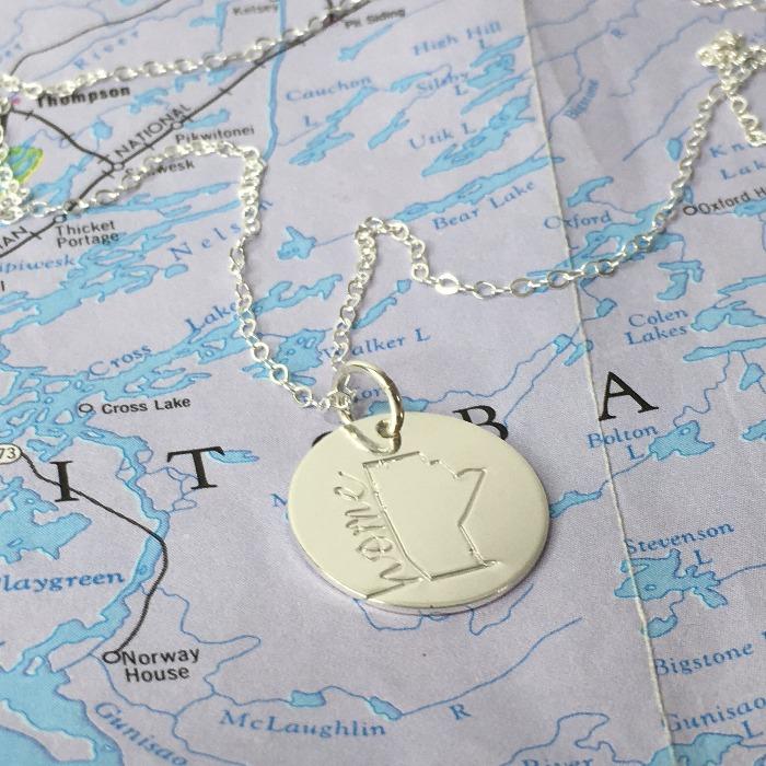 hand stampedSterling silver Manitoba necklace with home in cursive
