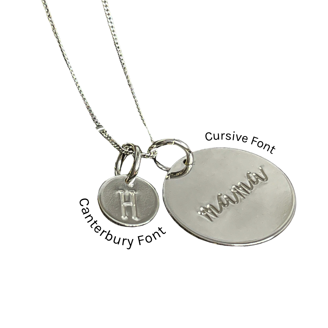 Hand stamped 9mm sterling silver disk and 3/4" sterling disk with Mama hand stamped on it. Add multiple charms together to create a family necklace or mama necklace.