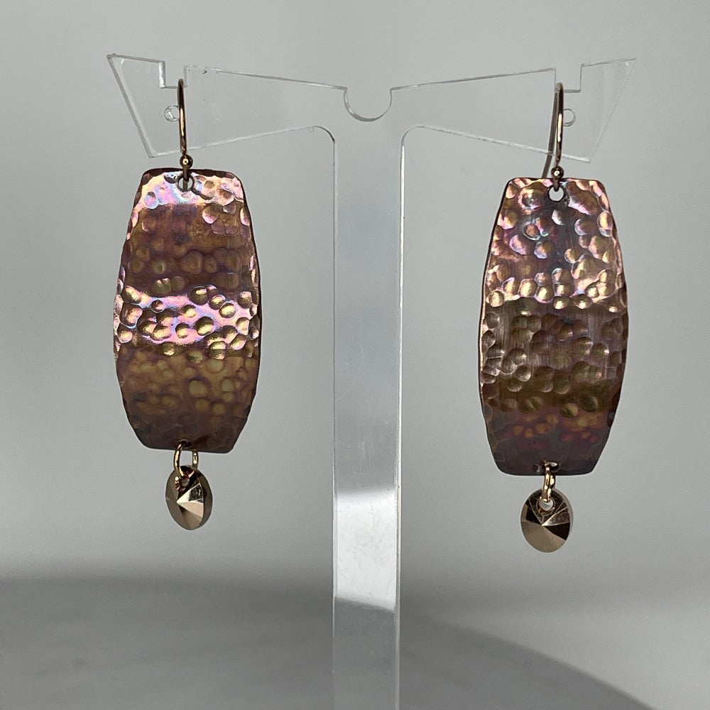 Handmade hammered copper earrings with rose gold ear wires and Swarovski crystal drops 
