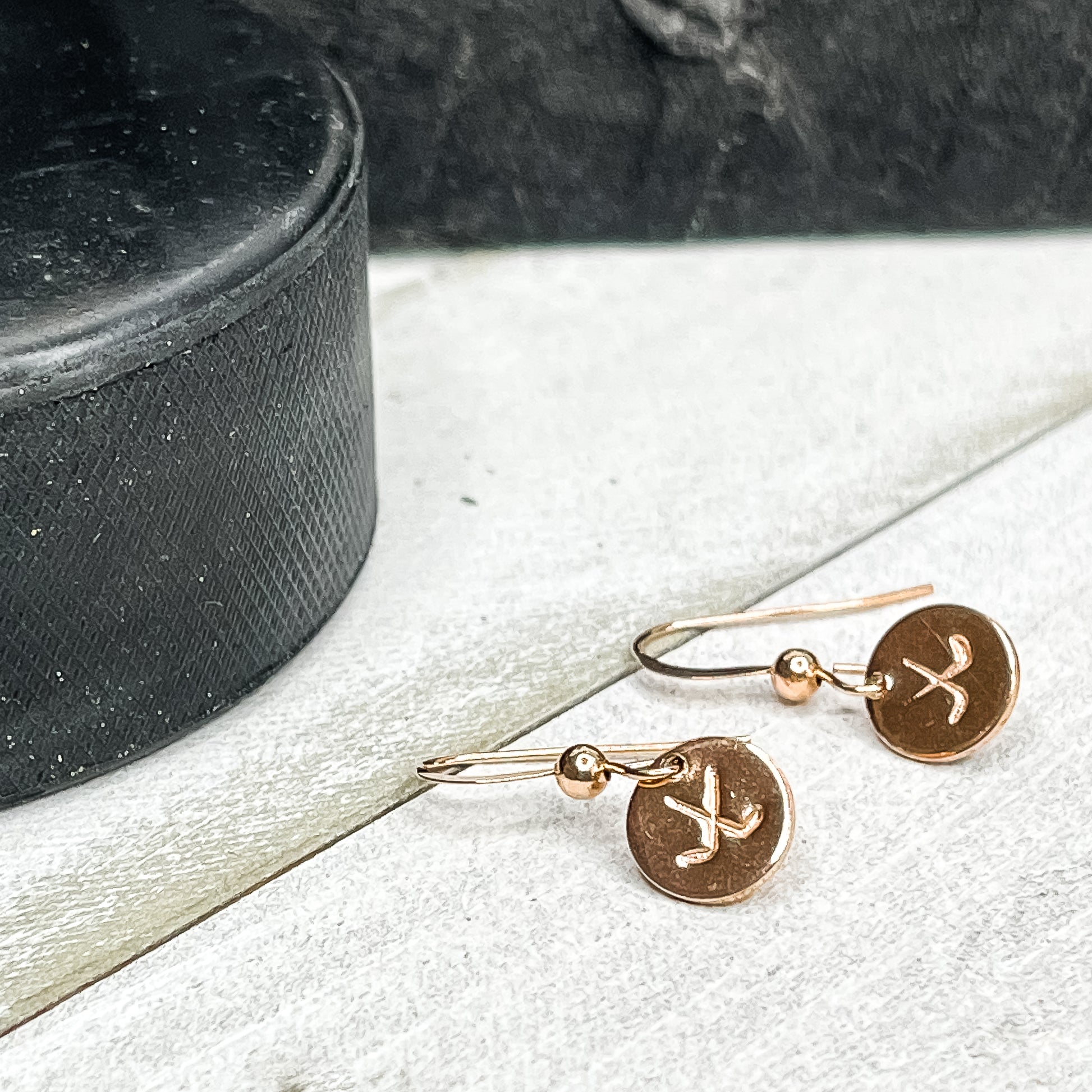 Hand stamped 14k Rose Gold Fill Hockey Stick Earrings