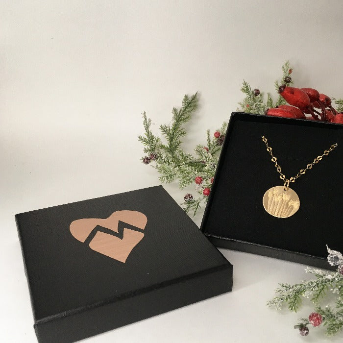 Marni LuHu black gift box with a copper foil heart on it it and the Golden Fields of Wheat Necklace inside