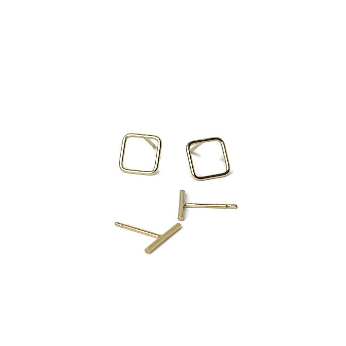 Dash studs in gold with other square earrings