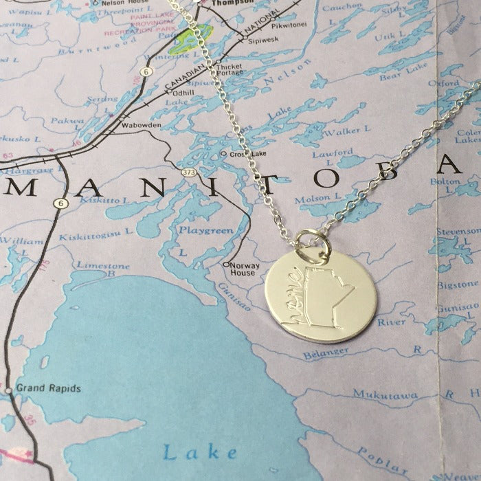 Sterling silver hand stamped Manitoba necklace with home stamped on it