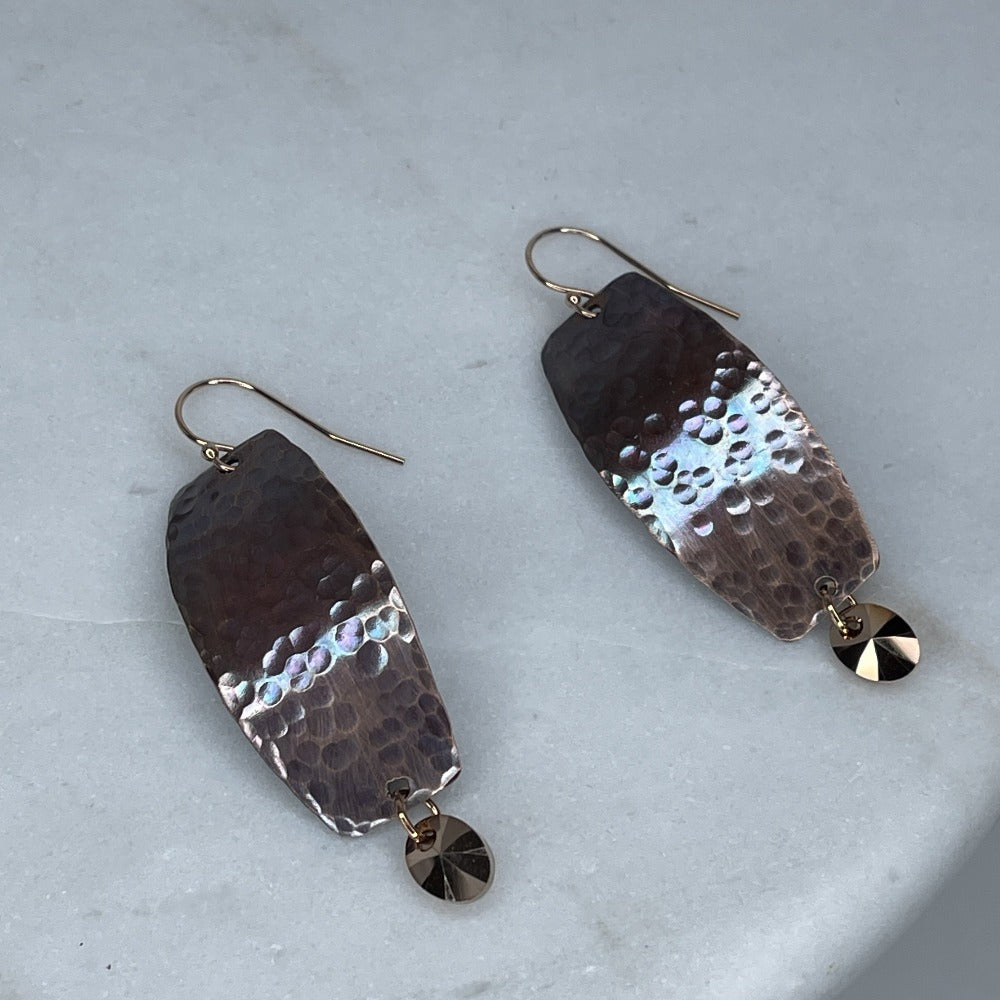 Handmade hammered copper earrings with rose gold ear wires and Swarovski crystal drops 