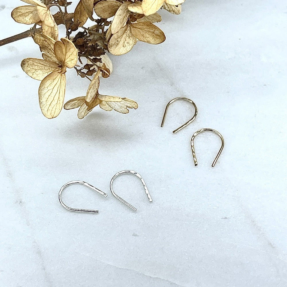 Sterling and gold hammered Hope earrings, horseshoe ear wires