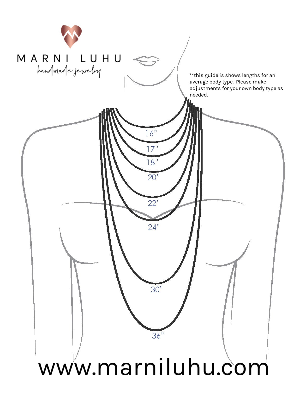 Marni LuHu Chain length guide for women.  Chains from 16"-36"