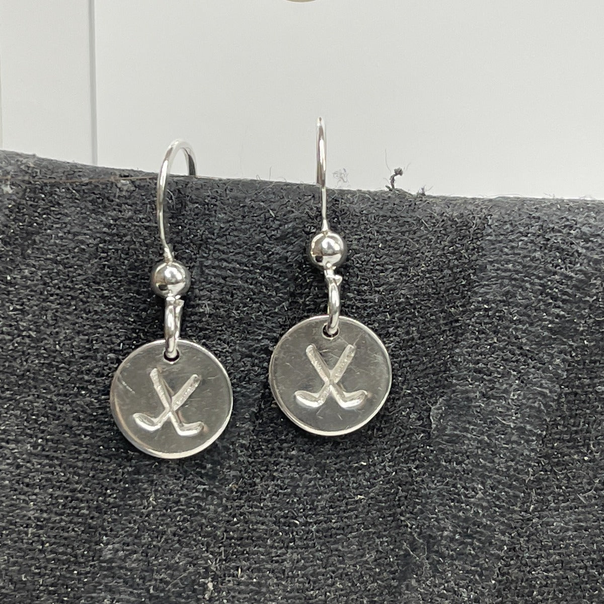 Hand stamped sterling silver hockey stick earrings