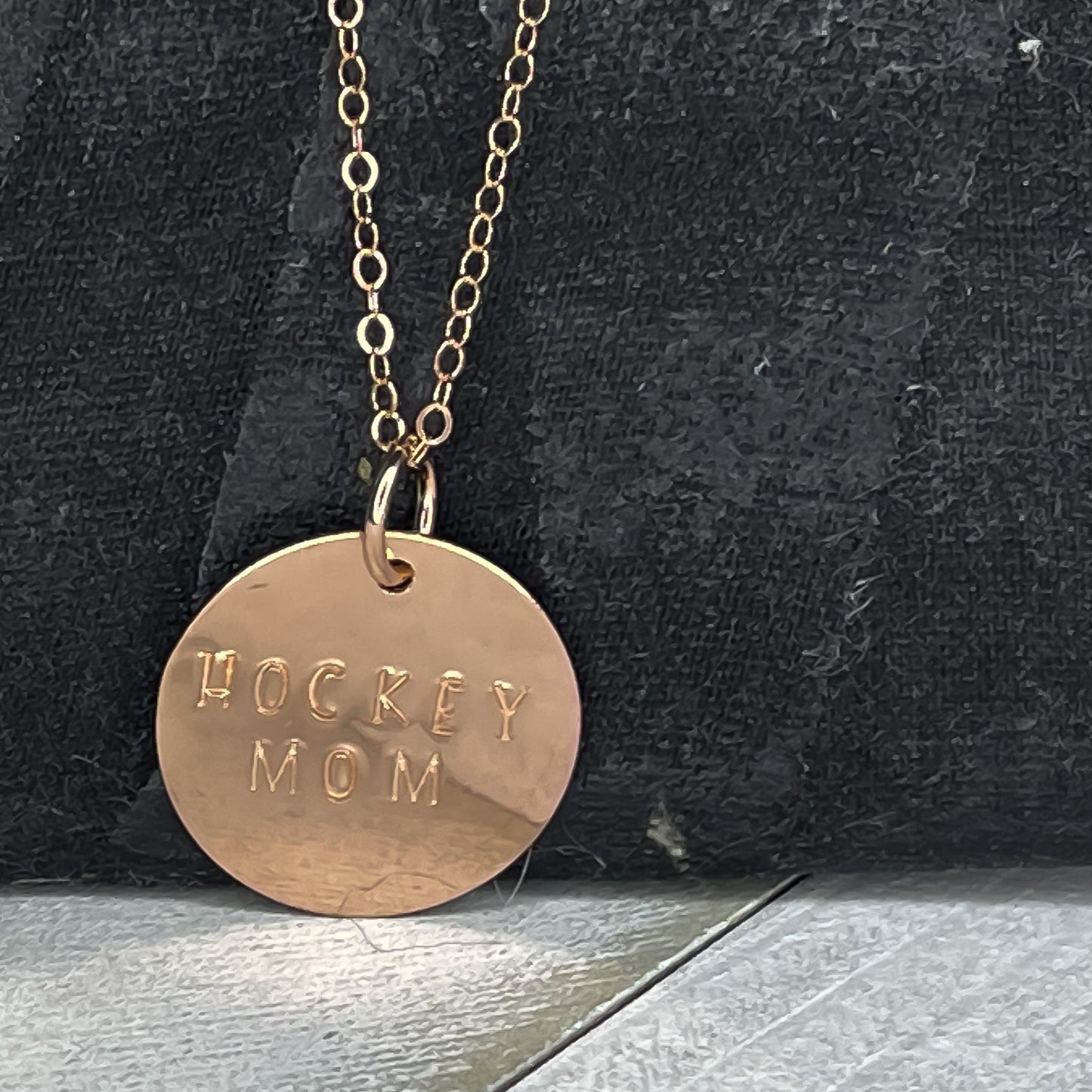 Hand stamped Hockey Mom necklace in 14K Rose Gold Fill