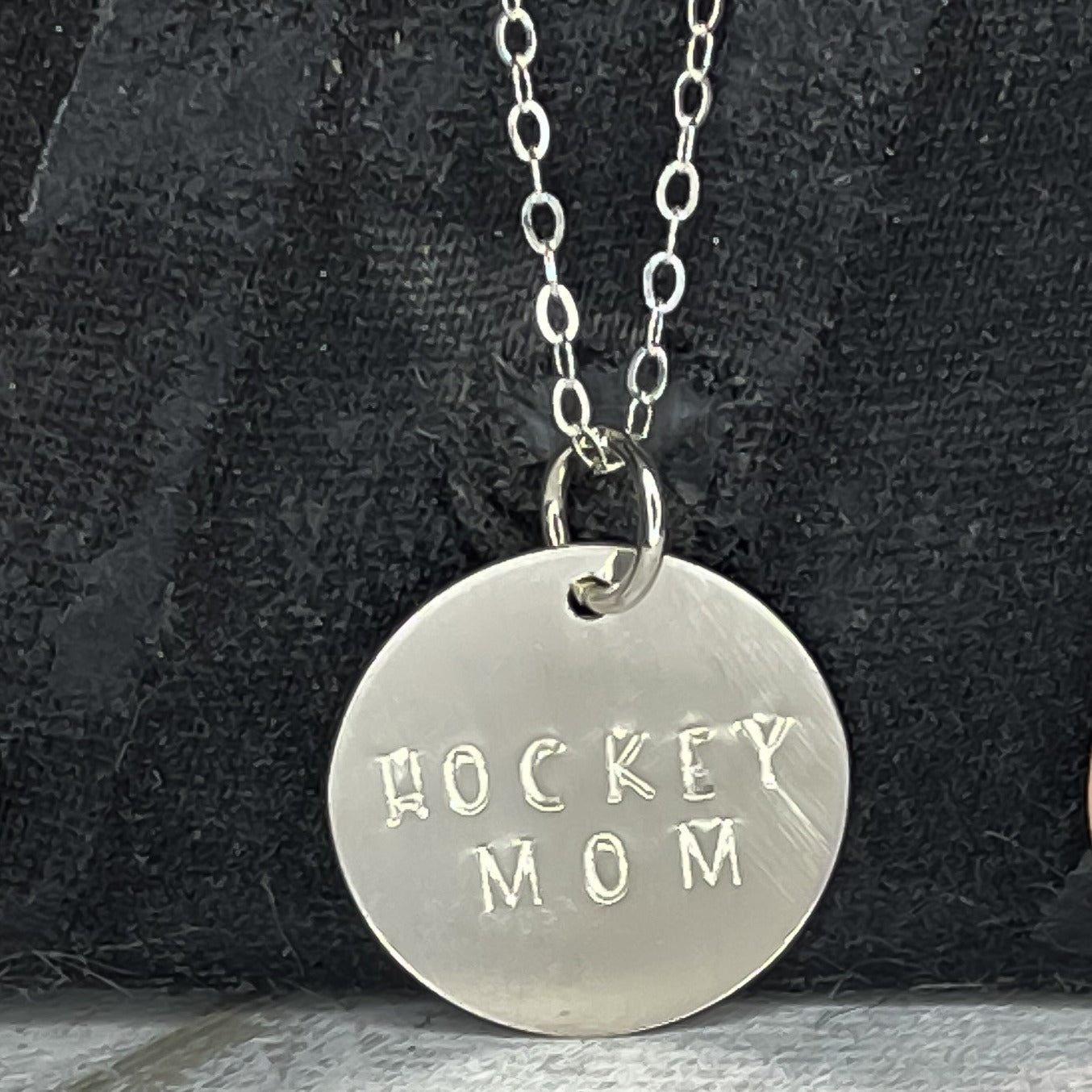 Hand stamped Hockey Mom Necklace in sterling silver